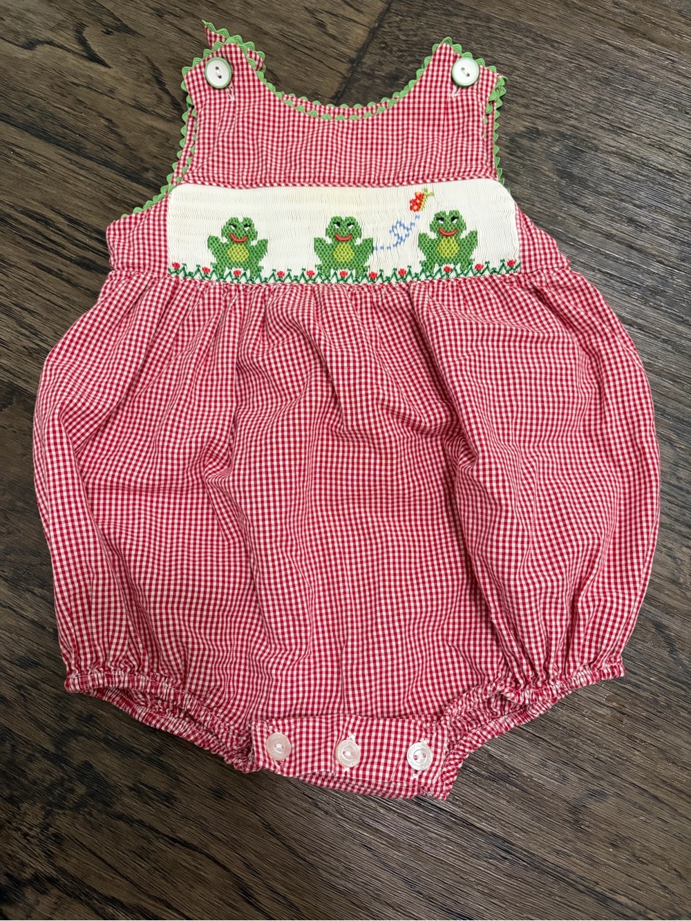 Red Gingham Baby Romper with Smocked Frog Panel